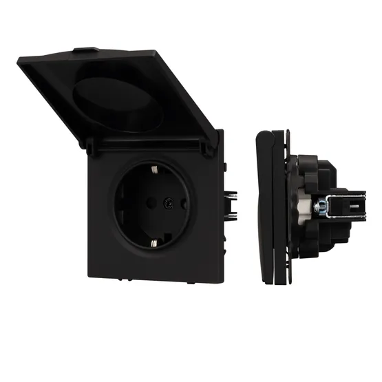 Фото #1 товара Механизм розетки влагозащищённый SCT-NOBE-MCP-SFPL-BK (230V, 16A) (Arlight, Черный оникс)