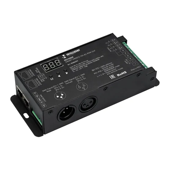 Фото товара INTELLIGENT ARLIGHT Декодер SMART-DMX512-104-83-RDM-SUF (12-48V, 4x8A, XLR3/RJ45) (IARL, IP20 Металл, 5 лет)