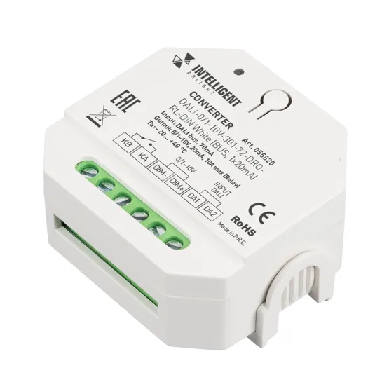 Фото товара INTELLIGENT ARLIGHT Конвертер DALI-0/1-10V-301-72-DRO-RL-DIN White (BUS, 1x20mA) (IARL, IP20 Пластик, 5 лет)