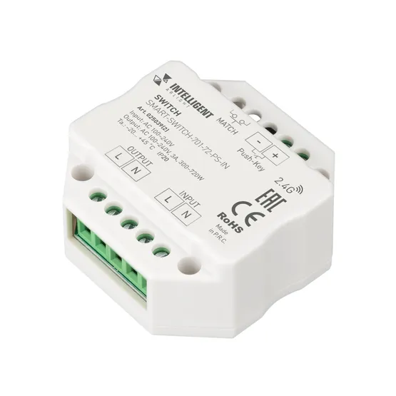 Фото товара INTELLIGENT ARLIGHT Релейный модуль SMART-SWITCH-701-72-PS-IN  (230V, 1x3A, 2.4G) (IARL, IP20 Пластик, 5 лет)
